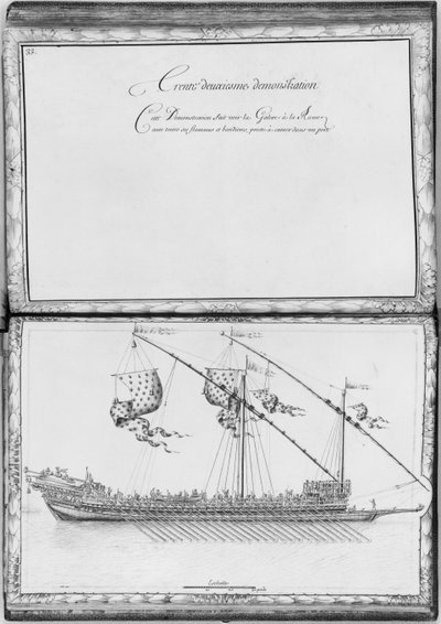 Eine Galeere mit Rudern und Flaggen, zweiunddreißigste Demonstration, Tafel 33, Illustration aus 